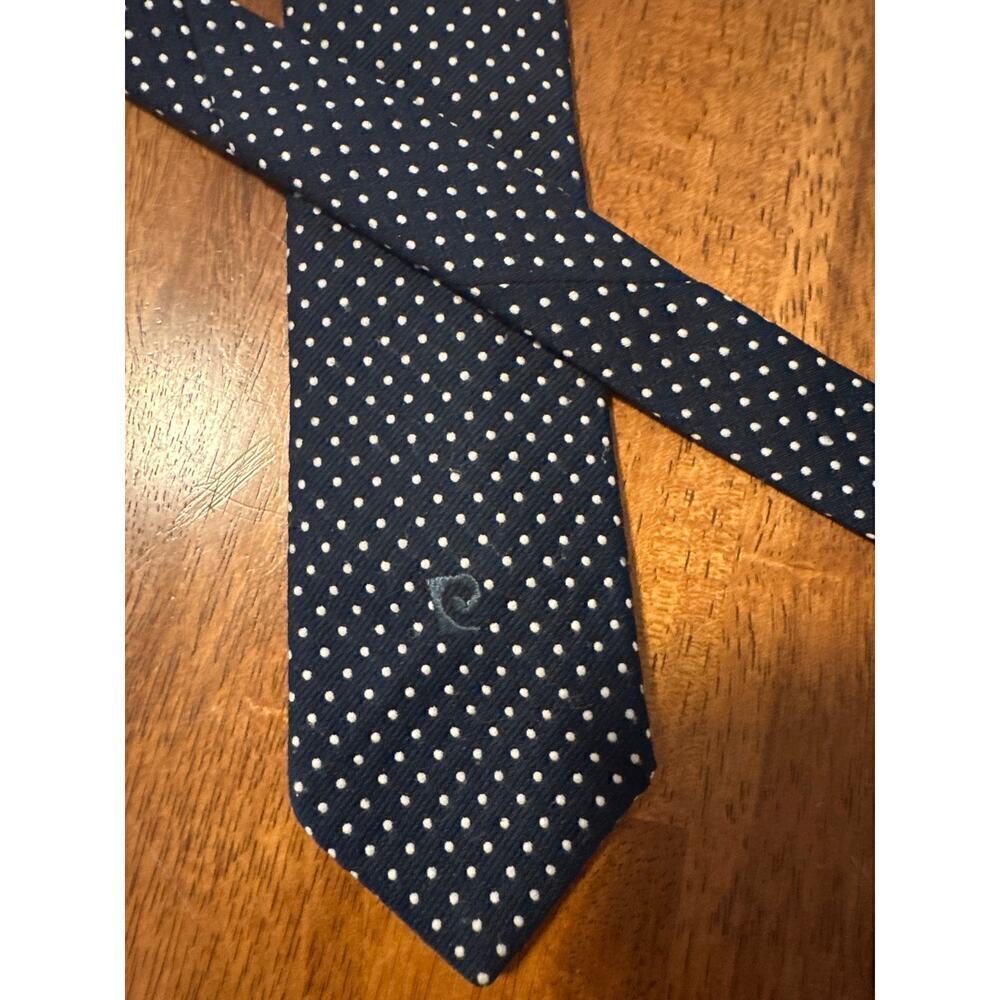 Vintage Pierre Cardin Mens Tie Navy Blue w/ White Polka Dots Logo